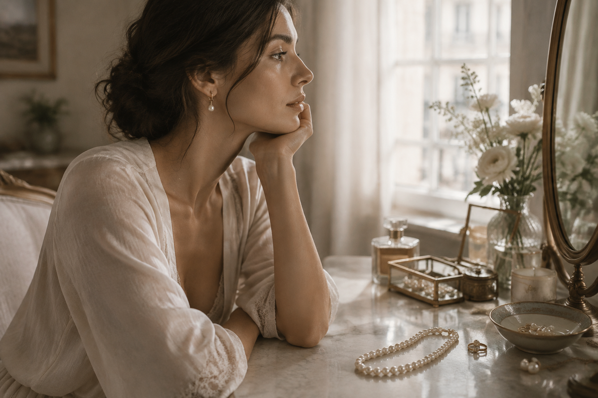 Woman at a dressing table with pearl jewellery in soft morning light
