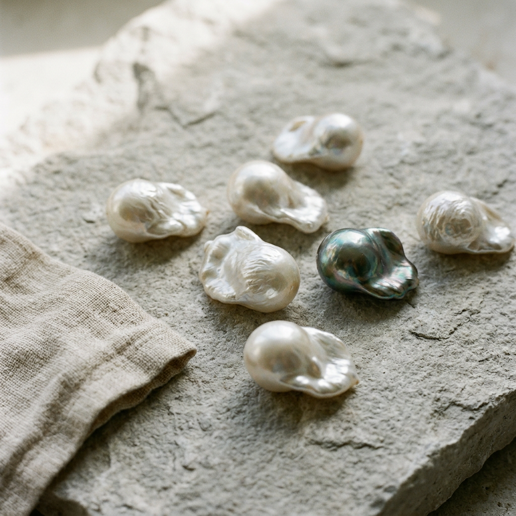 Raw collection cover with sculptural baroque pearls on textured limestone