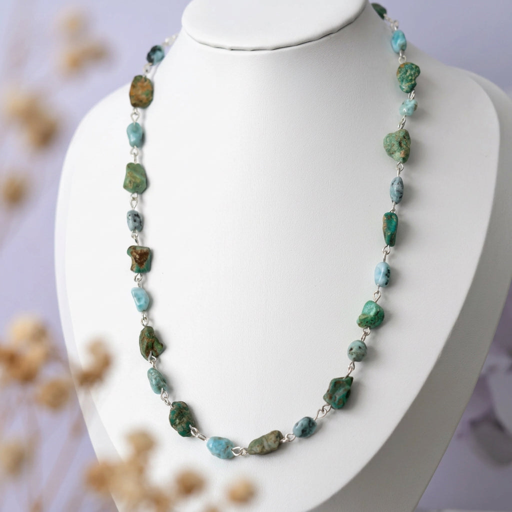 Sterling silver necklace with alternating raw green Hubei turquoise stones and pale blue larimar beads, displayed on a white bust.