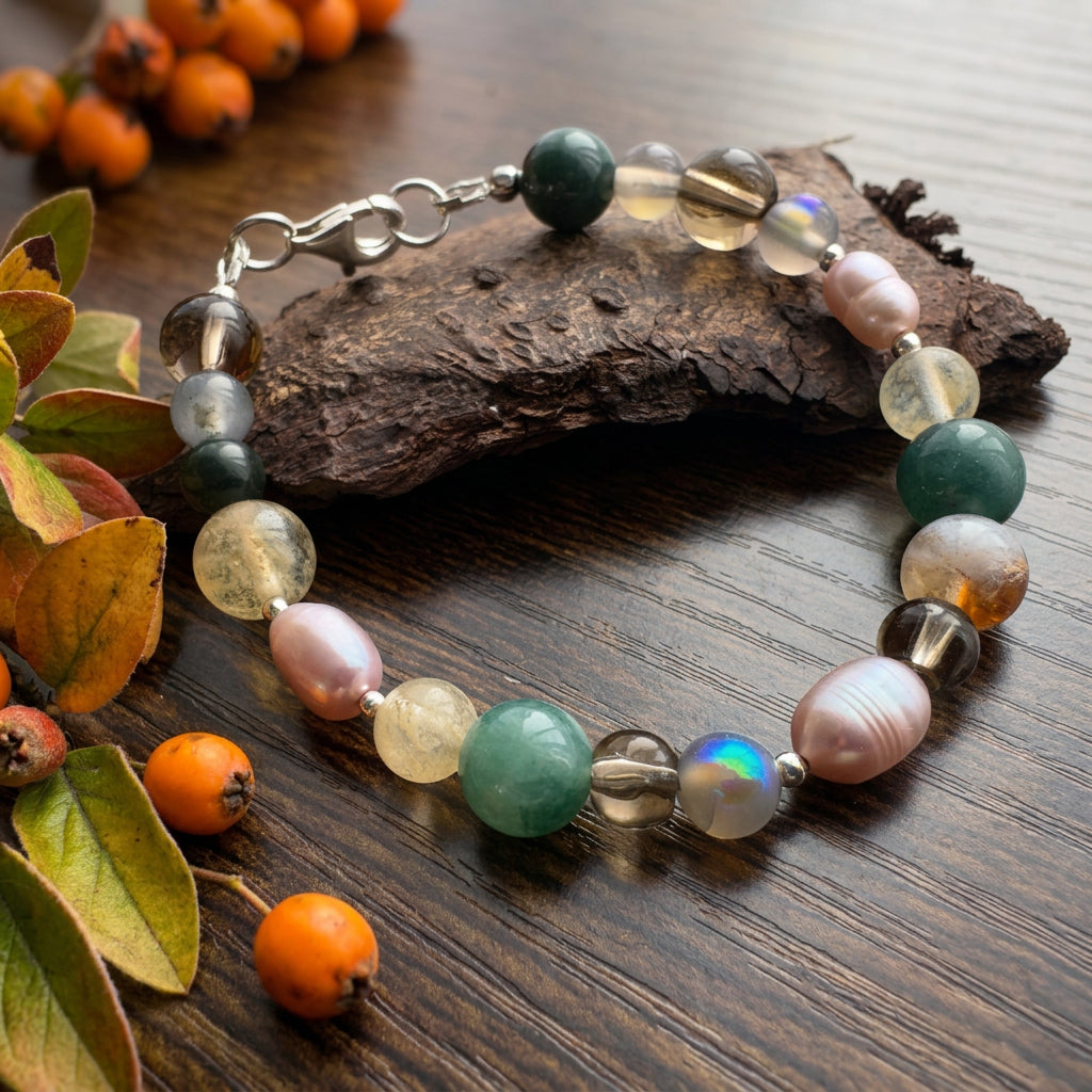 Pink baroque pearl and gemstone bracelet with pale yellow citrine, green beads, smoky quartz and blue-flashing labradorite, arranged on wood beside bark, autumn leaves and orange berries.
