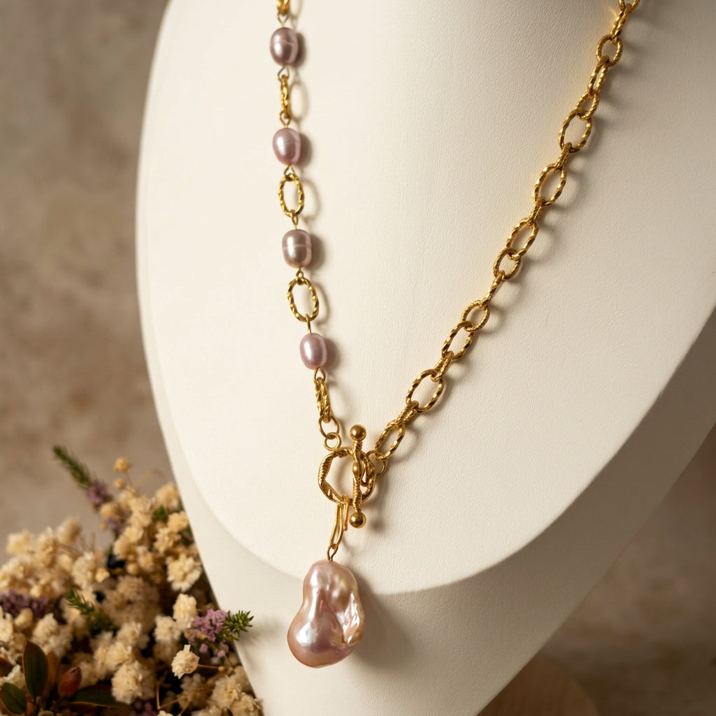 Keshi pearl pendant necklace displayed on a cream jewellery bust beside dried flowers, with four mauve-pink rice pearls along one side of the gold-coated chain and a textured front toggle clasp.