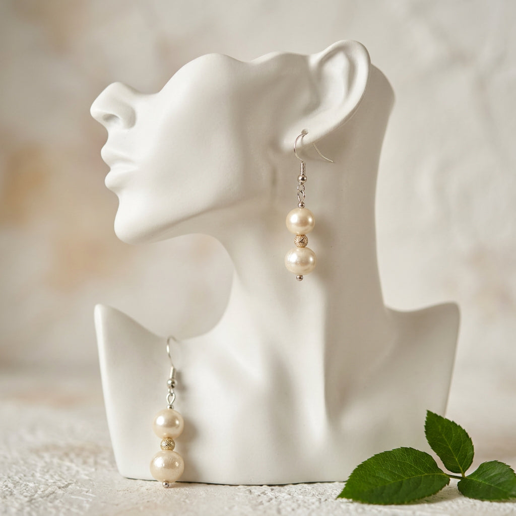 Pair of double baroque pearl drop earrings displayed on a white sculptural face stand beside green leaves, with creamy white pearls, textured gold-coloured spacers and sterling silver hooks.