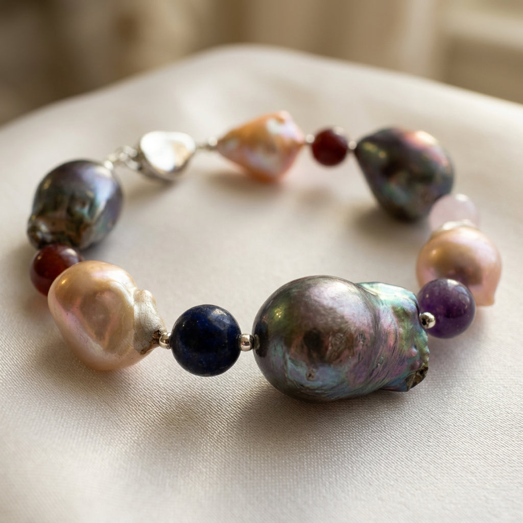 Keshi pearl bracelet arranged in an oval on cream satin, showing large dark iridescent and blush-cream pearls, deep blue lapis lazuli, purple amethyst, pale pink quartz, red garnet and small sterling silver beads.⠋