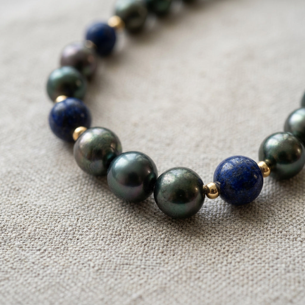 Close-up of deep green peacock pearls grouped between navy-blue lapis lazuli beads and small sterling silver spacers, arranged in a curve on grey linen.
