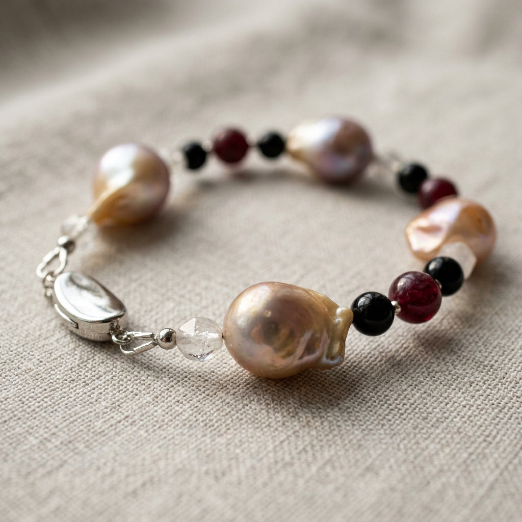 Keshi pearl bracelet arranged in an oval on grey linen, featuring large irregular blush-cream pearls, glossy black onyx, deep red garnet, faceted clear quartz and a polished sterling silver box clasp.