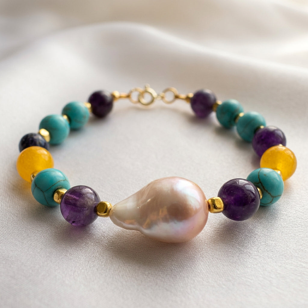 Keshi pearl and multicoloured gemstone bracelet arranged in a circle on cream fabric, with a large blush-pink pearl, purple amethyst, teal-blue howlite, amber-yellow topaz and gold-plated spacers.