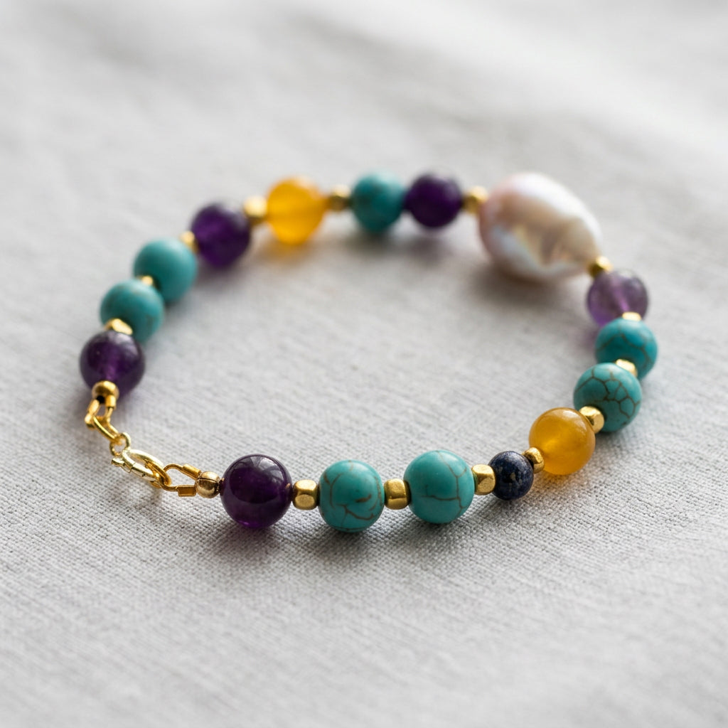 Multicoloured gemstone bracelet arranged in an oval on pale linen, showing teal-blue howlite, purple amethyst, amber-yellow topaz, dark blue accent beads and a blush-pink keshi pearl with gold-plated spacers and clasp.