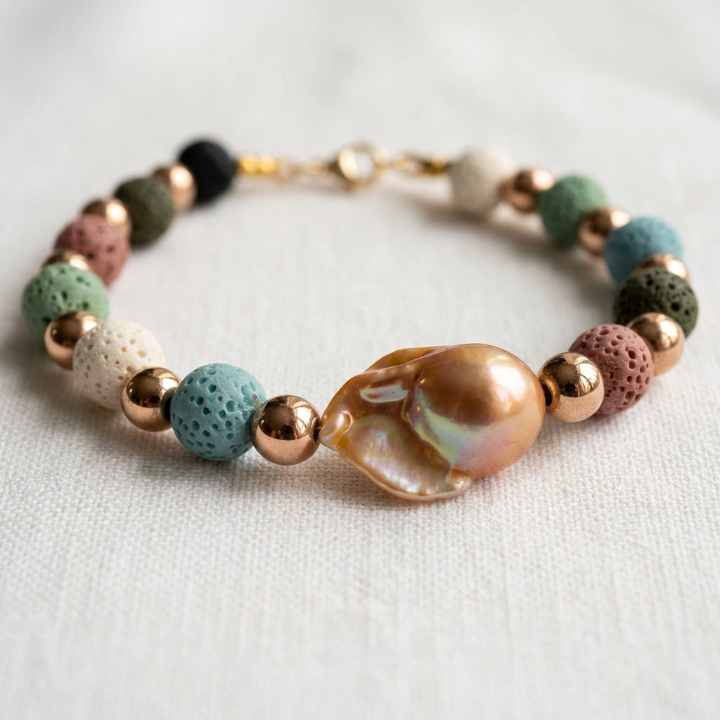Multicoloured lava stone bracelet arranged in a circle on white fabric, featuring a large peach-gold keshi pearl, polished gold-plated spacer beads and a spring-ring clasp.