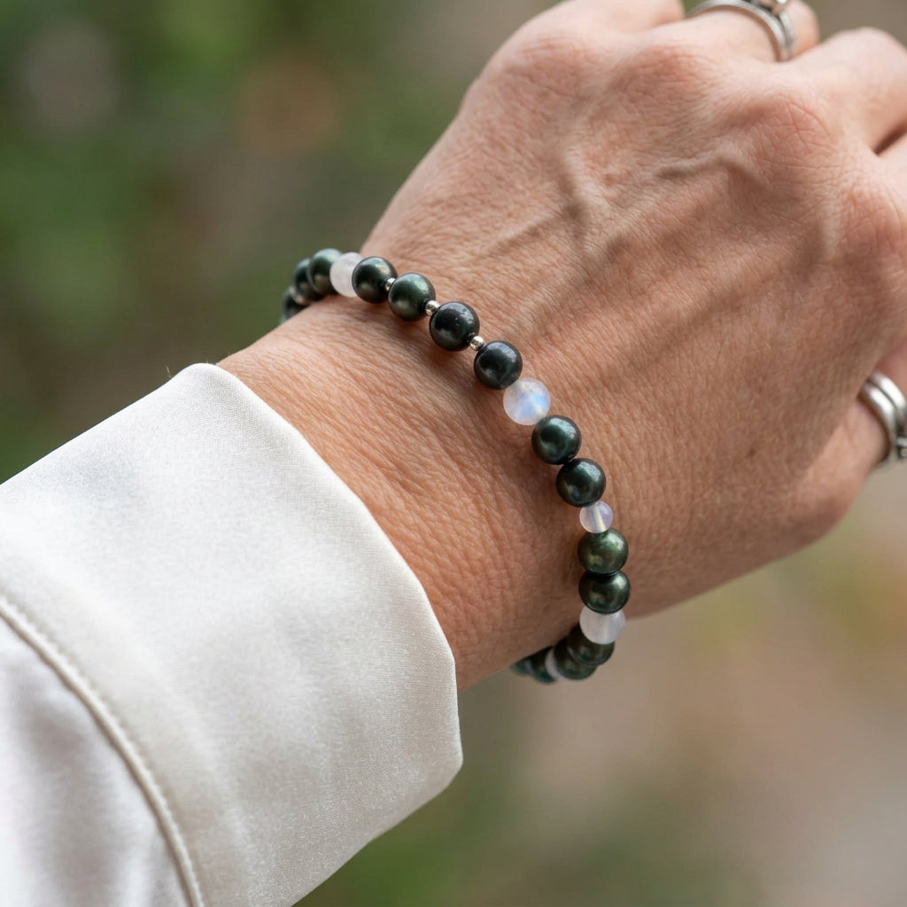 Dark iridescent keshi pearl bracelet with porous blue, pink, green and black lava beads and sterling silver spacers, worn on the wrist beside a white silk shirt cuff.