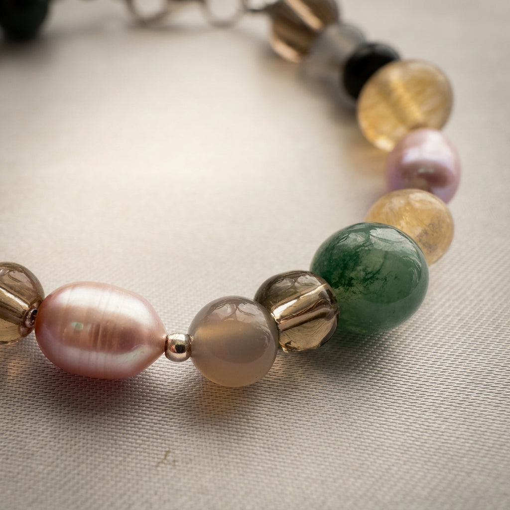 Close-up of a mauve-pink baroque pearl beside pale grey, smoky brown, mottled green and honey-yellow gemstone beads, with a small sterling silver spacer on cream fabric.
