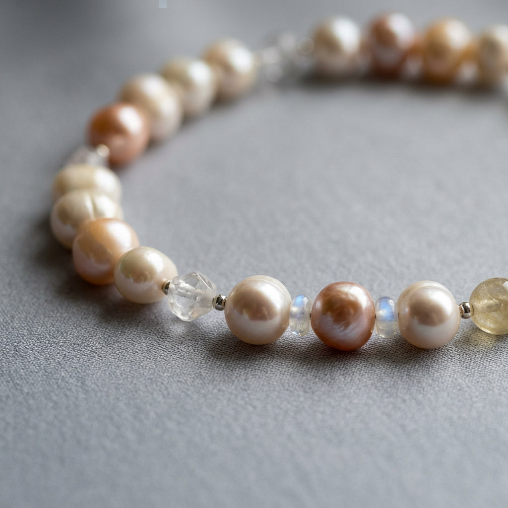 Creamy white and peach baroque pearl bracelet arranged in a circle on grey fabric, with faceted clear quartz, pale yellow citrine and small sterling silver spacers.