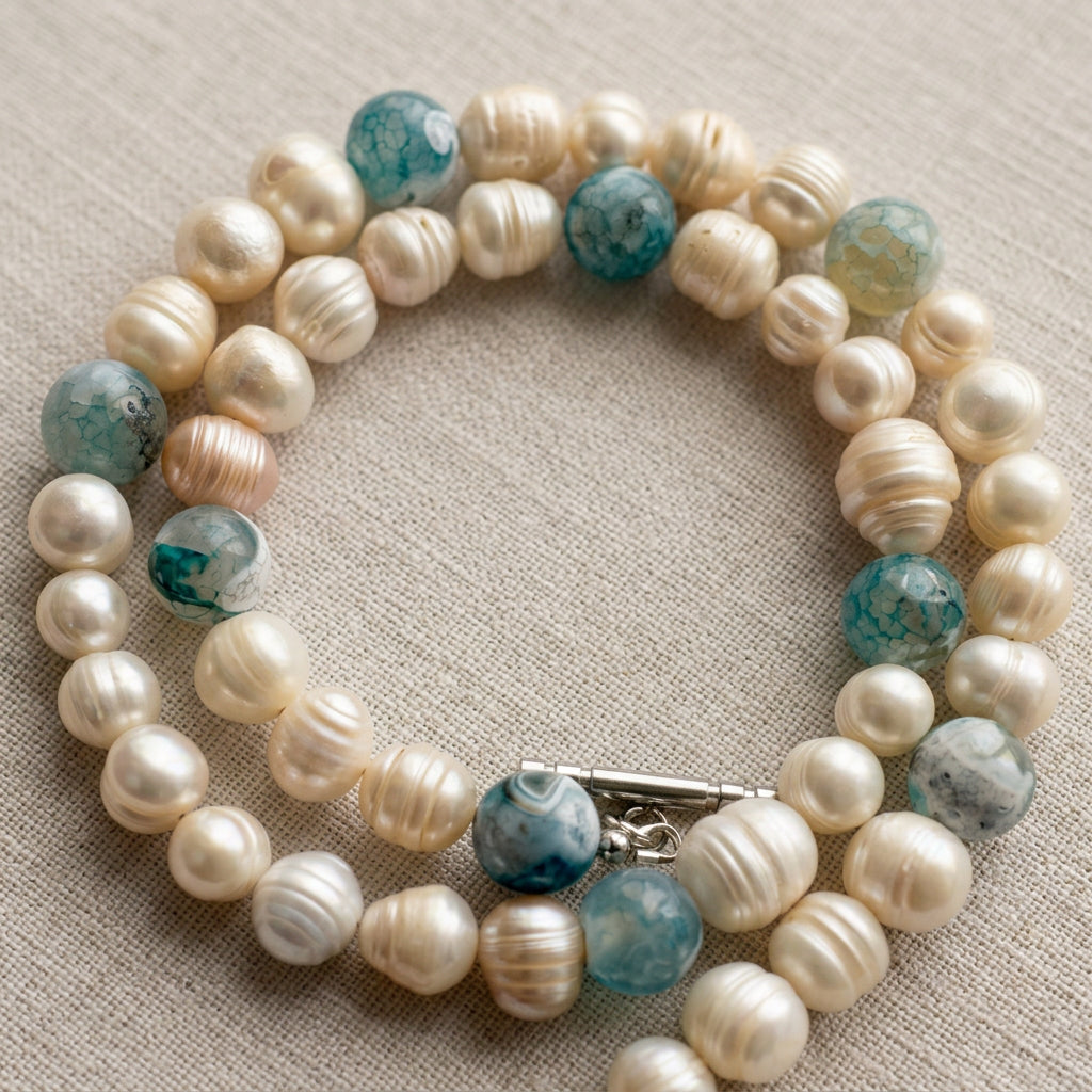 Close-up of a white baroque pearl necklace coiled on cream linen, highlighting the pearls’ natural ridges and lustre alongside faceted blue-green glass accent beads with mottled patterns.⠋