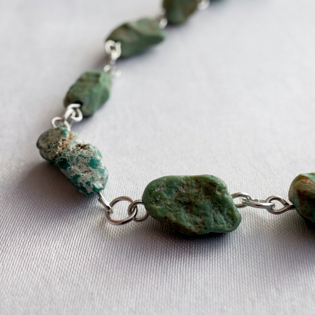 Close-up of raw green-blue Hubei turquoise stones with textured brown and cream matrix, joined by handmade sterling silver wire loops and round connecting rings on pale satin.