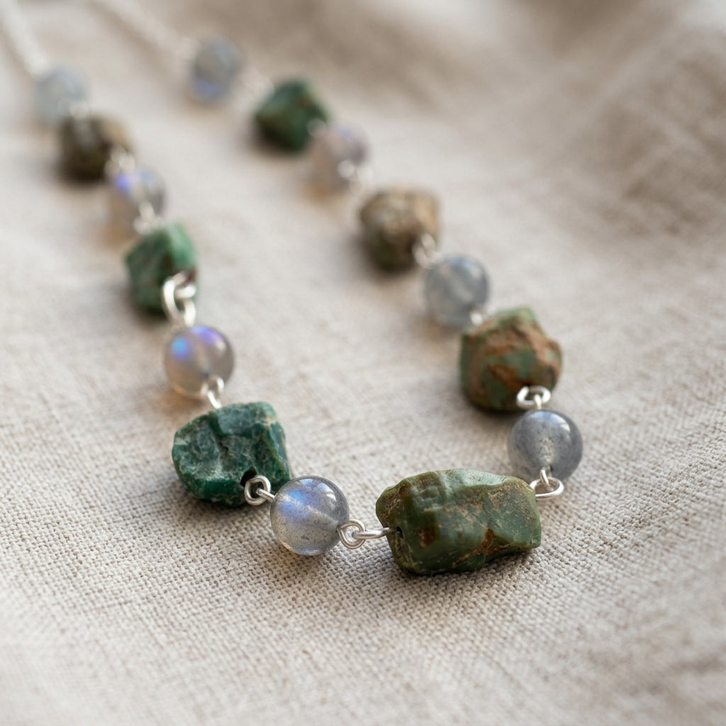 Close-up of raw green Hubei turquoise stones and round labradorite beads with blue flashes, linked with sterling silver on cream linen.