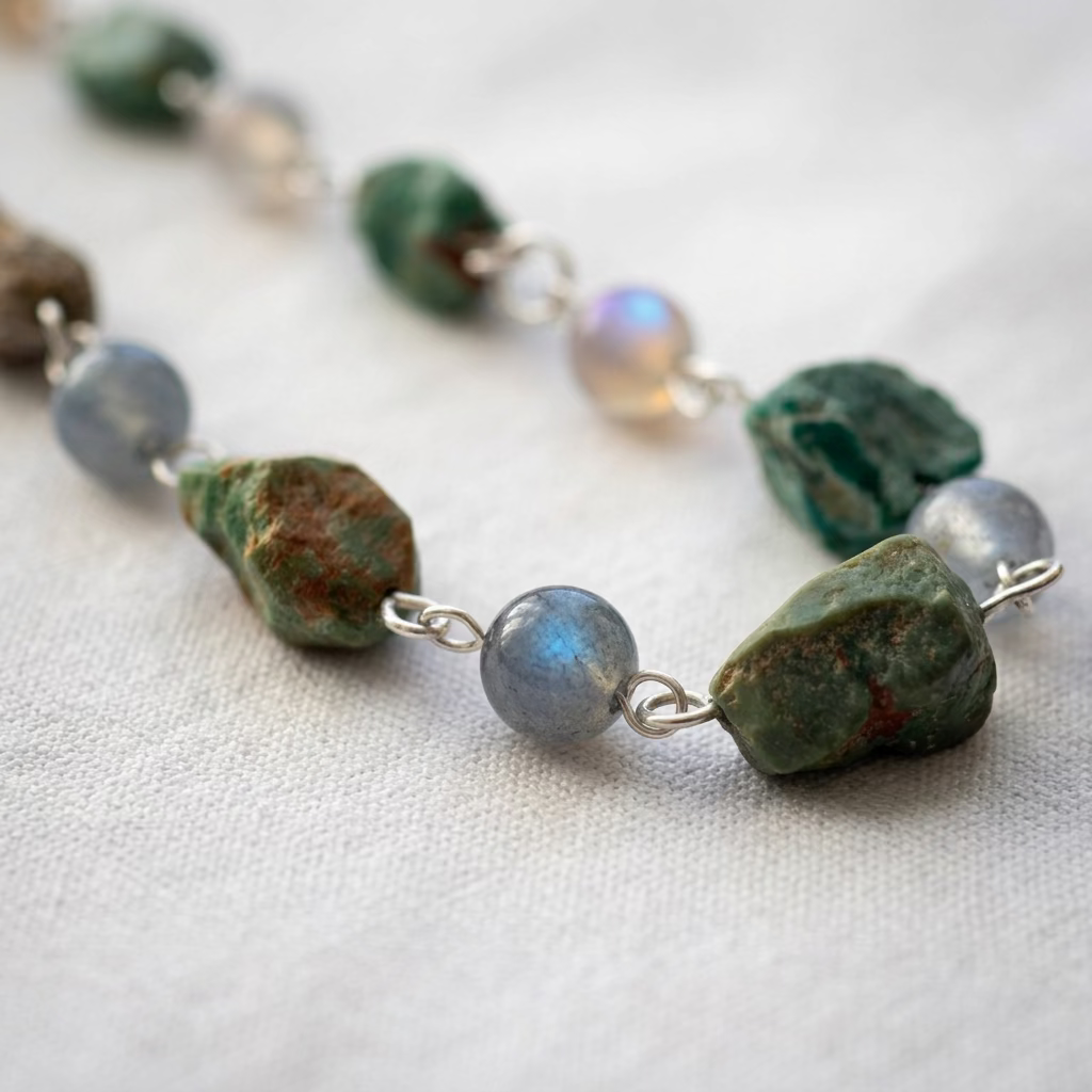 Close-up of a grey labradorite bead with a blue flash between raw green Hubei turquoise stones with brown matrix, linked in sterling silver on cream linen.