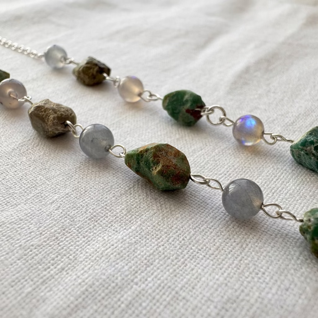 Raw green Hubei turquoise stones with brown matrix alternating with round grey labradorite beads, one flashing blue, linked in sterling silver on cream linen.⠋