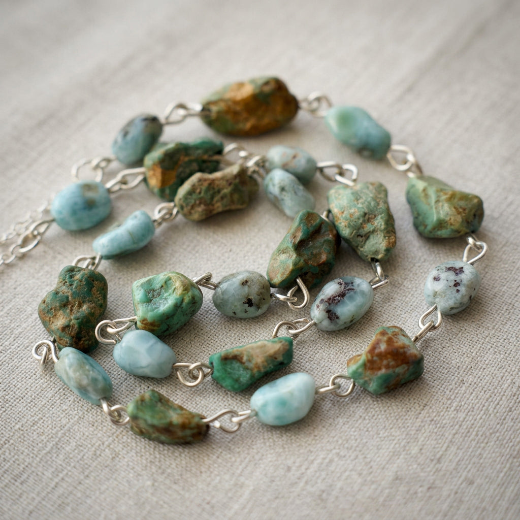 Sterling silver necklace loosely coiled on cream linen, showing raw green Hubei turquoise stones with brown matrix alternating with pale blue larimar beads.