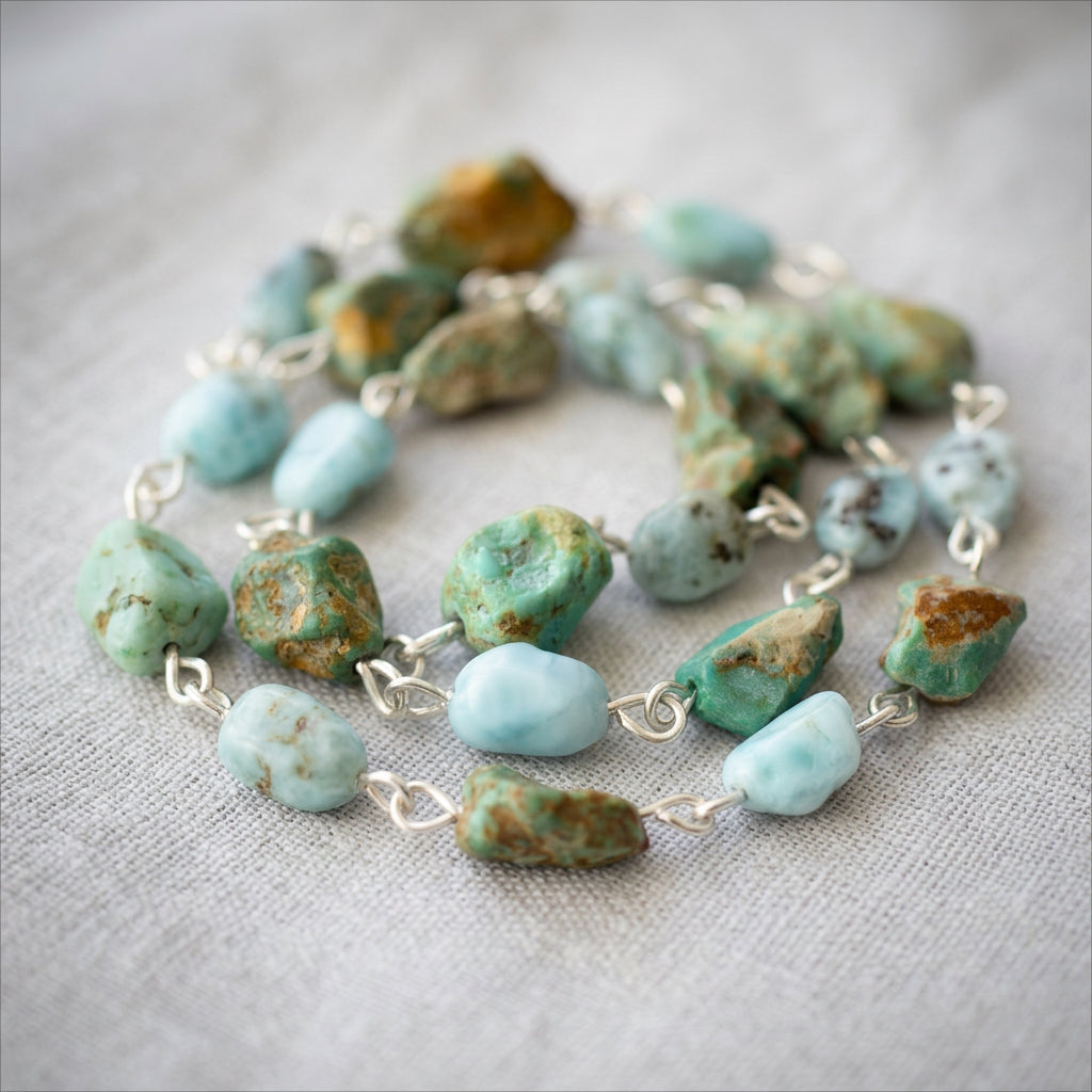 Raw Hubei Turquoise & Larimar Necklace | 49cm Sterling Silver