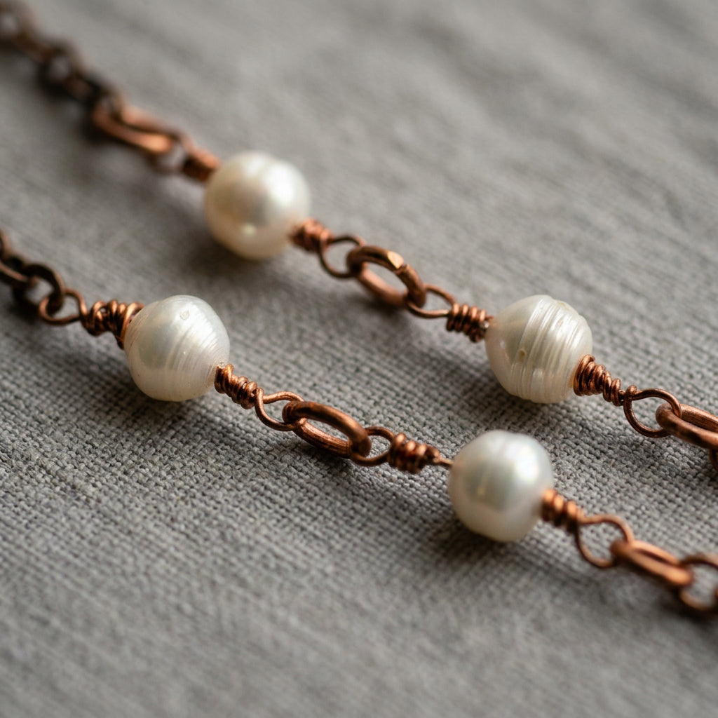 Close-up of white baroque pearls linked with hand-wrapped copper wire and oval copper rings, showing natural pearl ridges and soft lustre on grey linen.