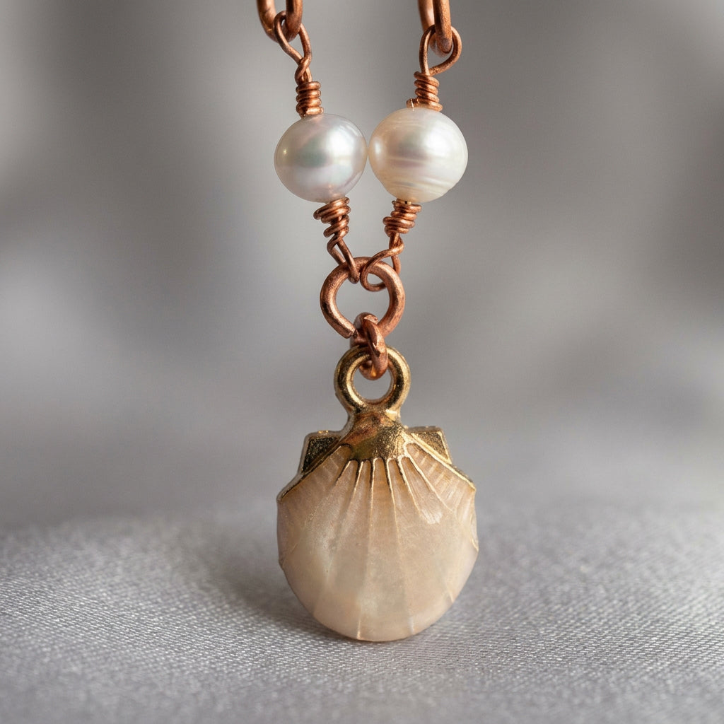 Close-up of a cream scallop-shaped shell pendant with a gold-coloured cap, suspended beneath two white baroque pearls on copper wire-wrapped links against grey fabric.