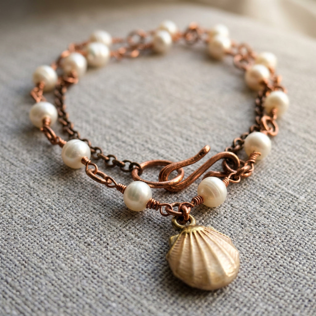 White baroque pearl and copper wire necklace coiled on grey linen, with a cream scallop-shaped shell pendant and handmade copper hook clasp in the foreground.