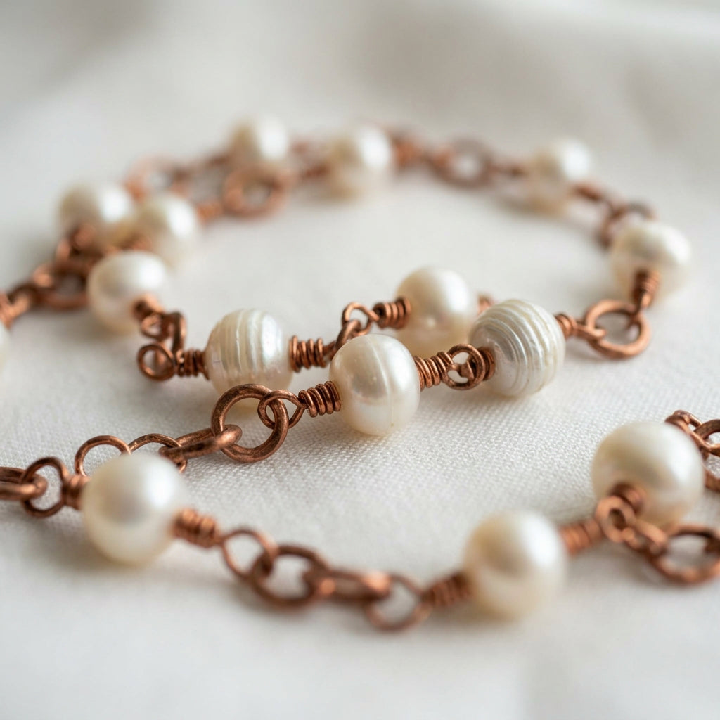 White baroque pearl necklace loosely coiled on pale fabric, showing naturally ridged pearls joined by copper wire wraps and circular links.
