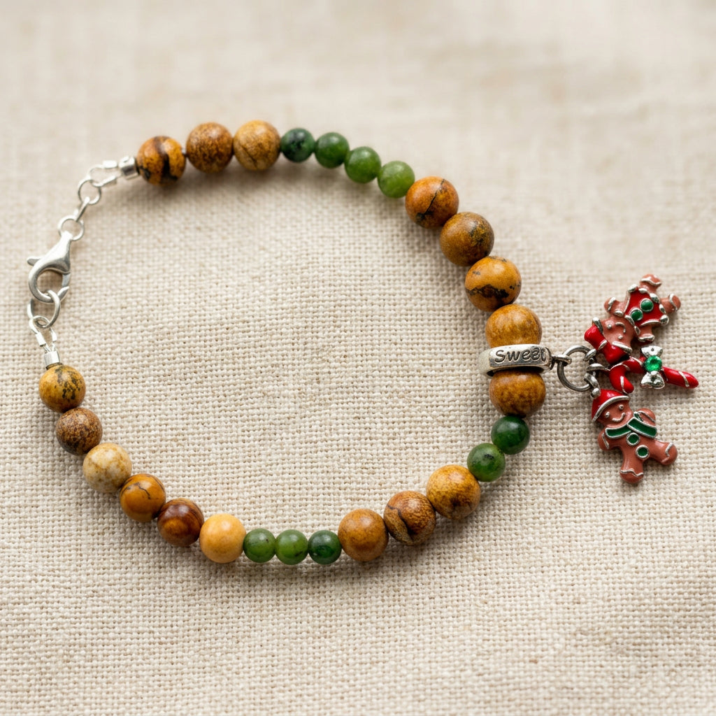 Picture jasper and green jade bracelet with gingerbread figures and candy cane charms, arranged in a circle on beige linen.
