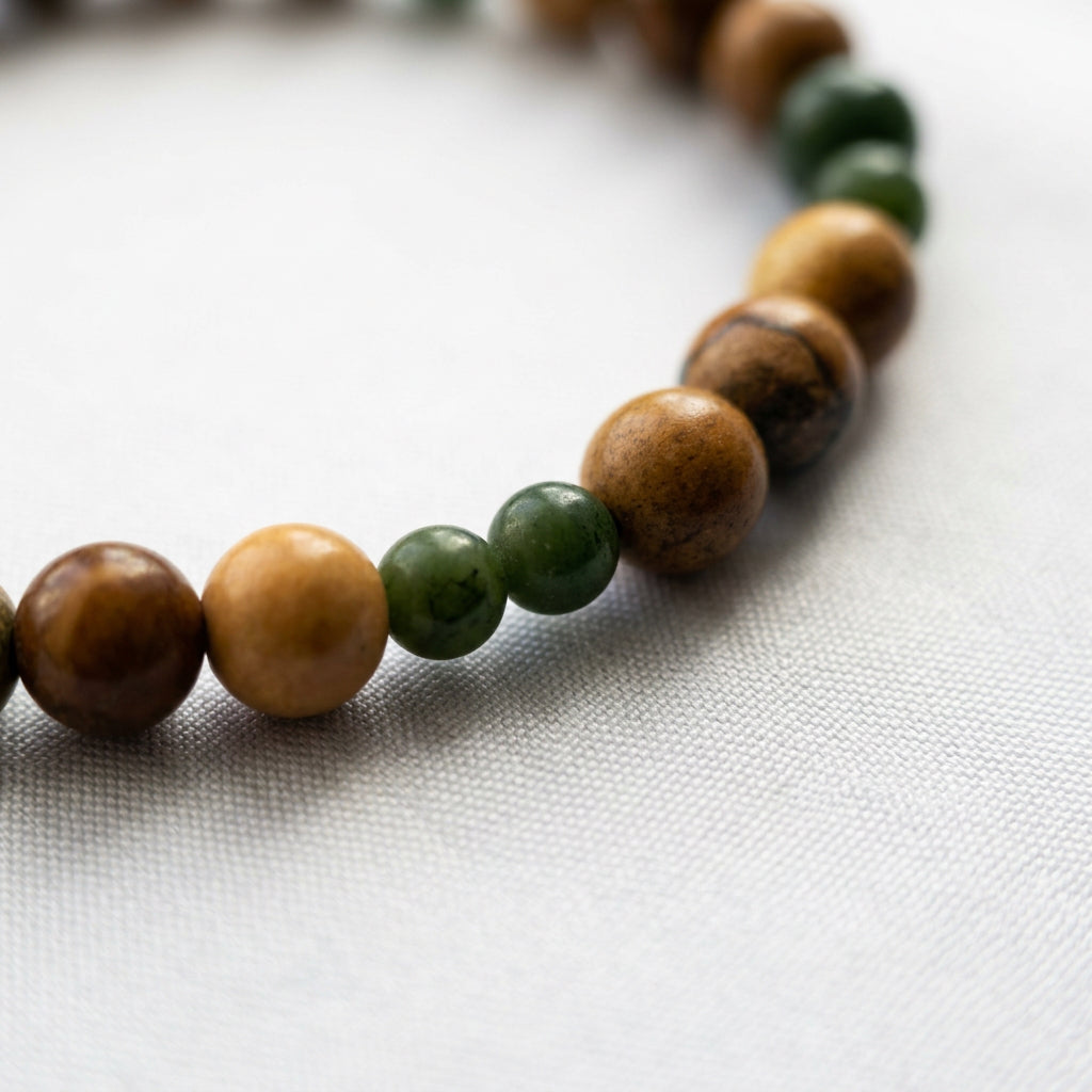 Close-up of two small green jade beads between polished golden-brown picture jasper beads on white fabric.