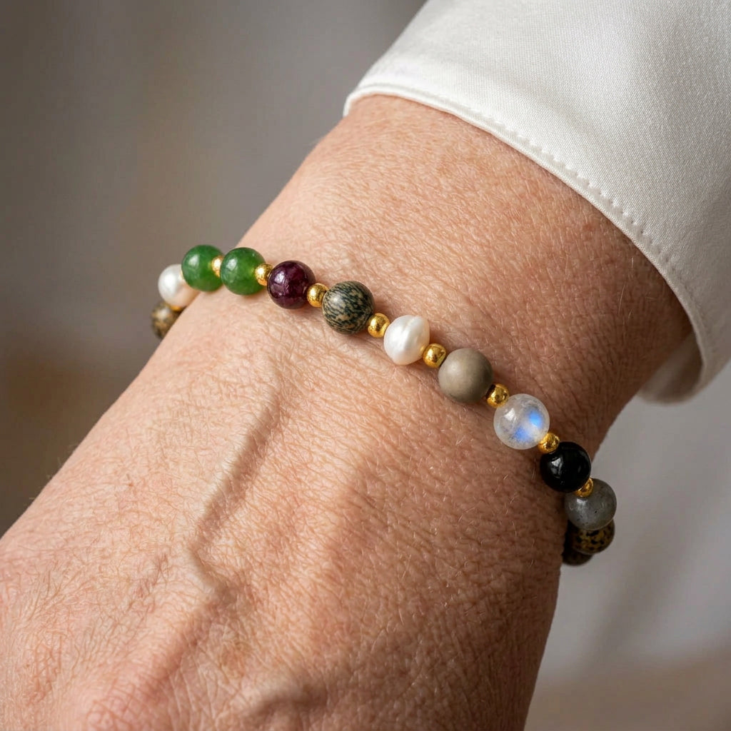 Mixed gemstone and white baroque pearl bracelet with green, burgundy, mottled grey and translucent beads separated by gold-coloured spacers, worn beside a white silk shirt cuff.