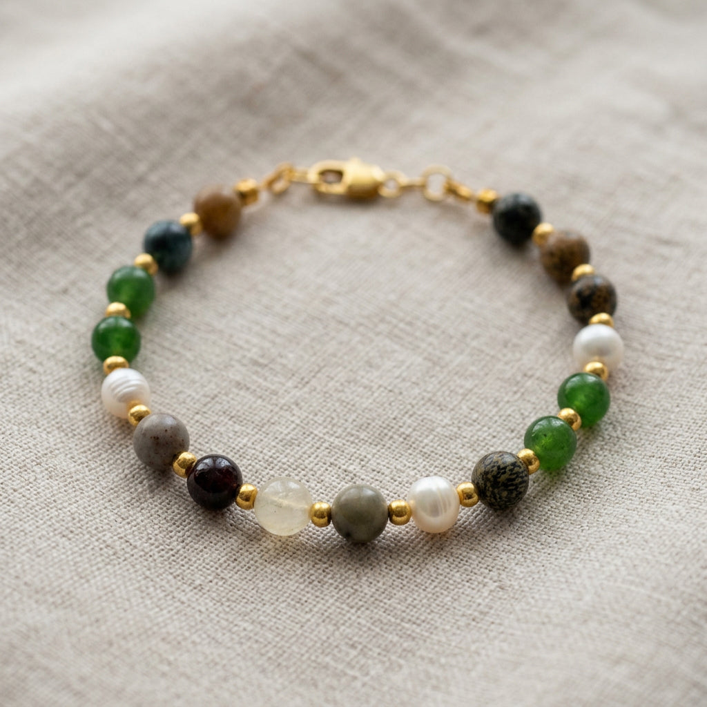 Beaded bracelet arranged in a circle on cream linen, with green, deep red, translucent and patterned grey stones, white baroque pearls, gold-coloured spacers and a gold-filled lobster clasp.