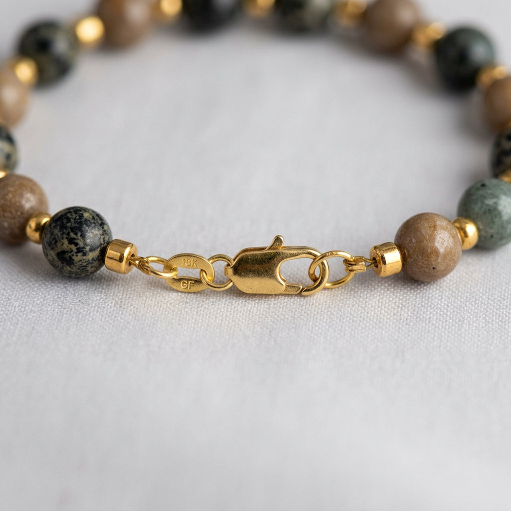 Close-up of the gold-filled lobster clasp, connecting rings and tag marked “18K GF” on a beaded bracelet with patterned grey and brown stones, resting on pale fabric.