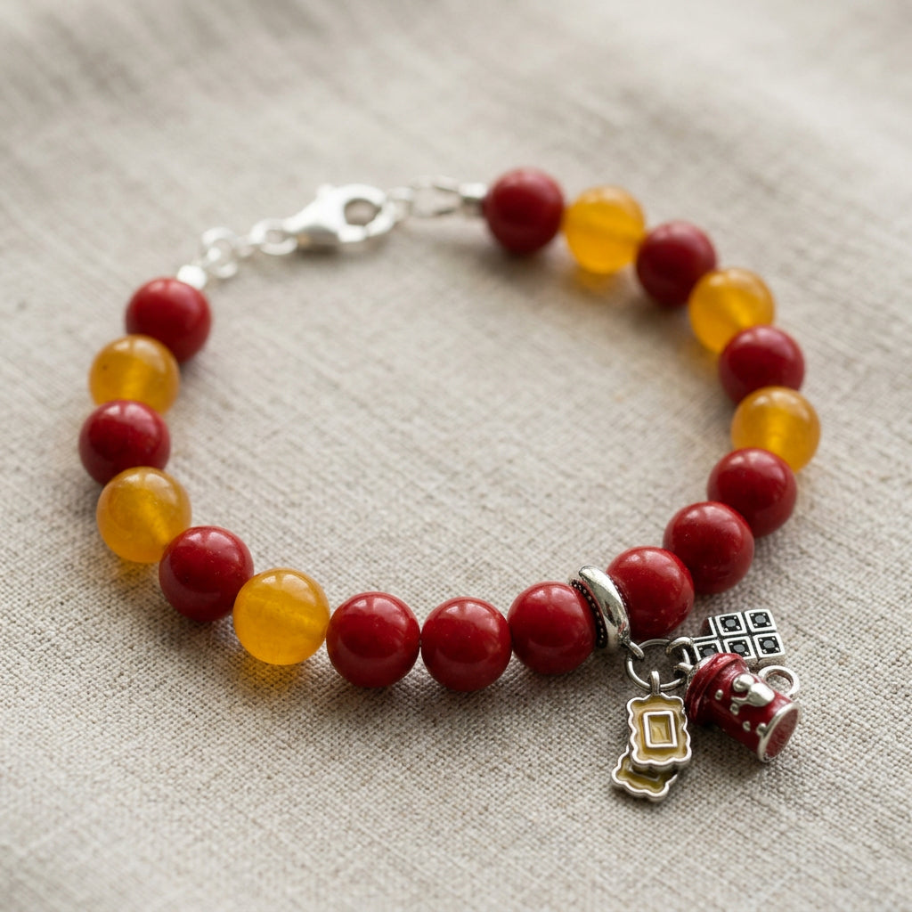 Red coral and yellow topaz bracelet with Christmas bell and gift charms, arranged in a circle on beige linen.