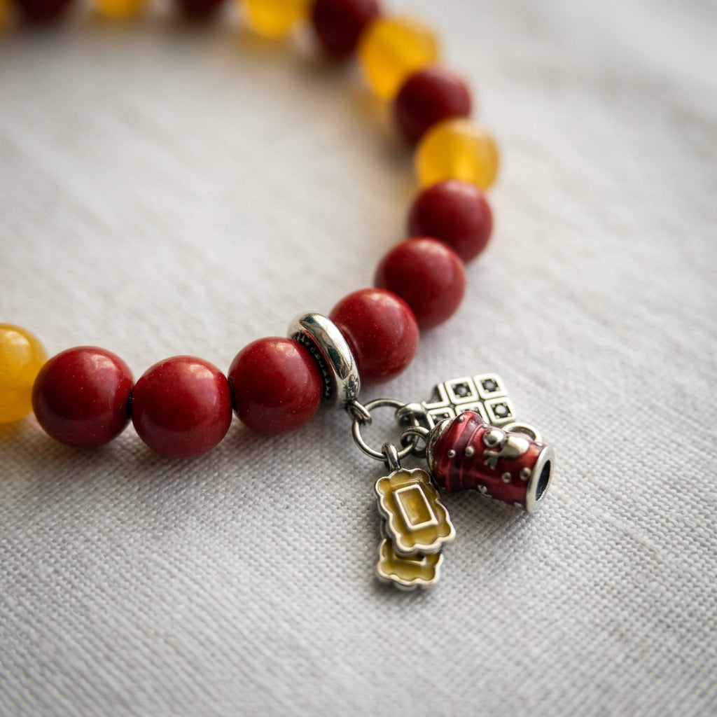Close-up of a red enamel bell and gift charms beside red coral and yellow topaz beads on beige linen.