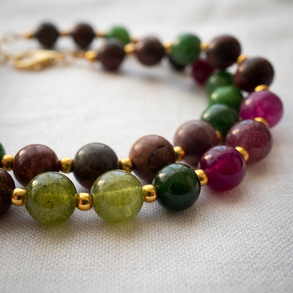Close-up of a coiled beaded necklace on pale linen, showing translucent olive-green, dark green, burgundy and earthy brown stones separated by gold-coloured spacers.