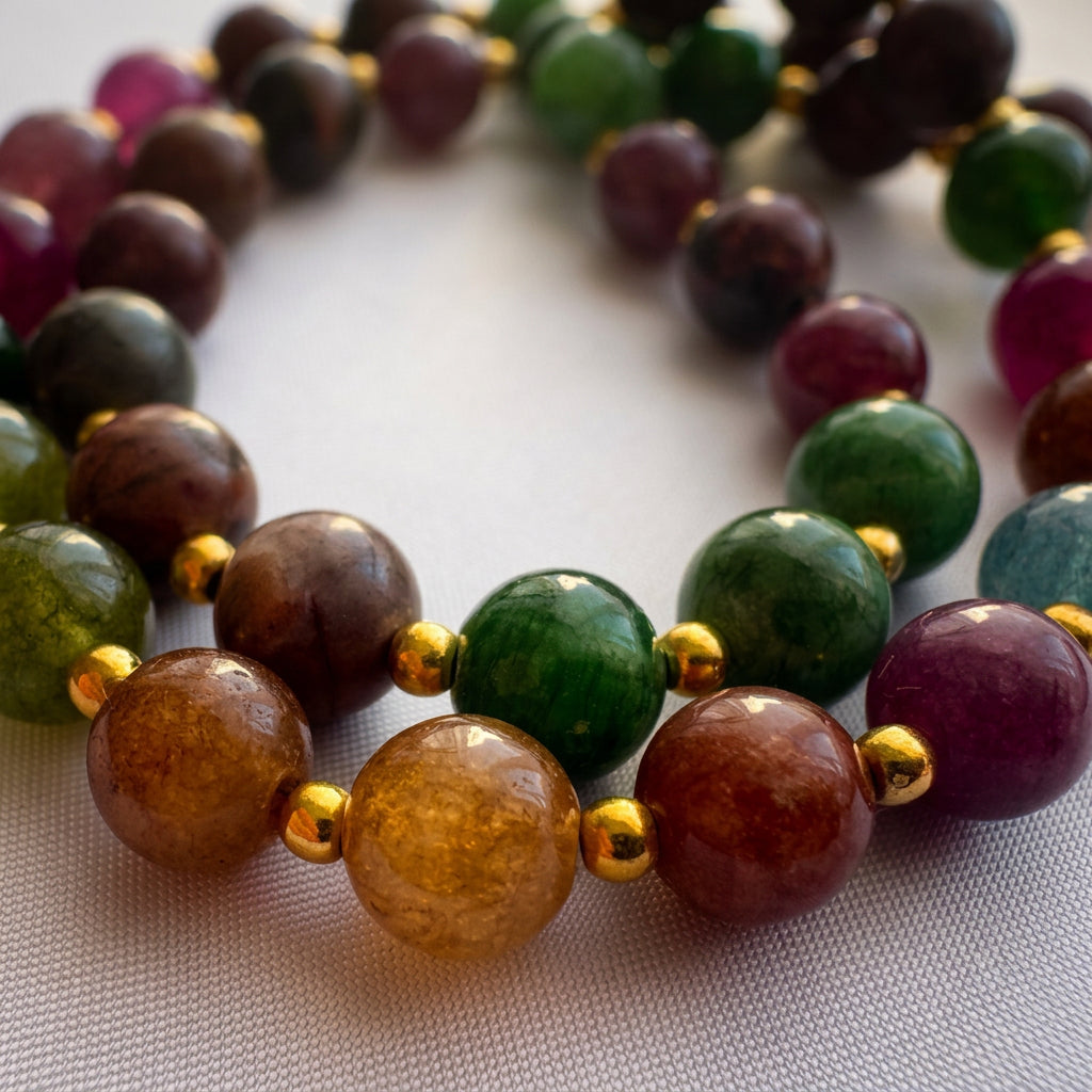 Close-up of a coiled beaded necklace on pale fabric, showing amber, earthy red-brown, green and burgundy stones with natural internal patterns and gold-coloured spacers