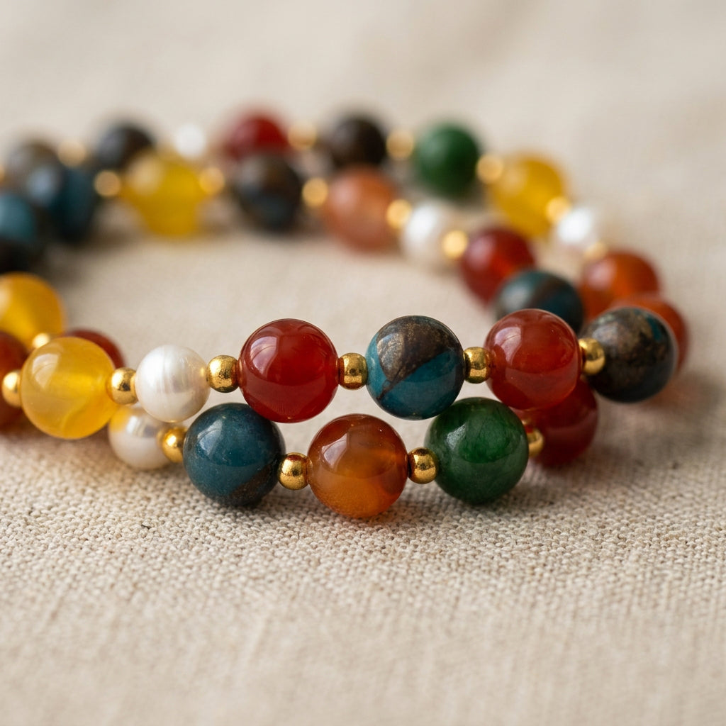 Colourful beaded necklace coiled in overlapping loops on beige linen, showing blue, orange-red, green and yellow stones, white baroque pearls and gold-coloured spacers.
