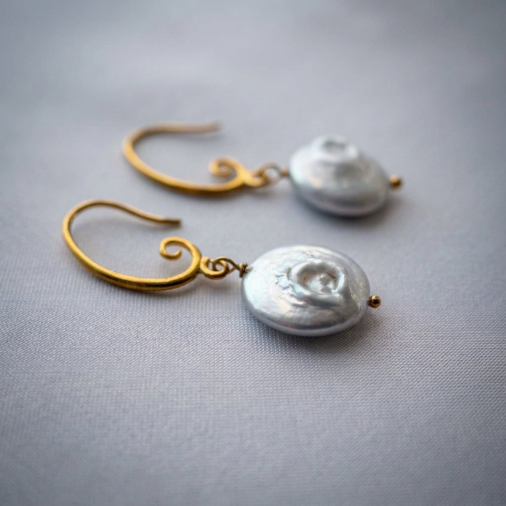 White coin pearl drop earrings on pale fabric, showing rippled nacre surfaces with natural indentations, gold-filled spiral hooks and small gold bead tips.