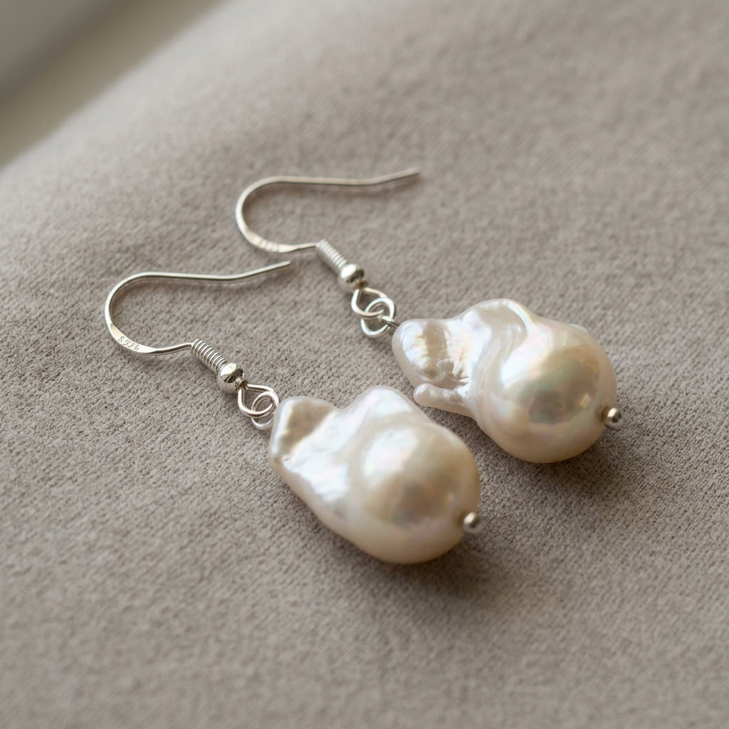 White Keshi Pearl Drop Earrings in Sterling Silver