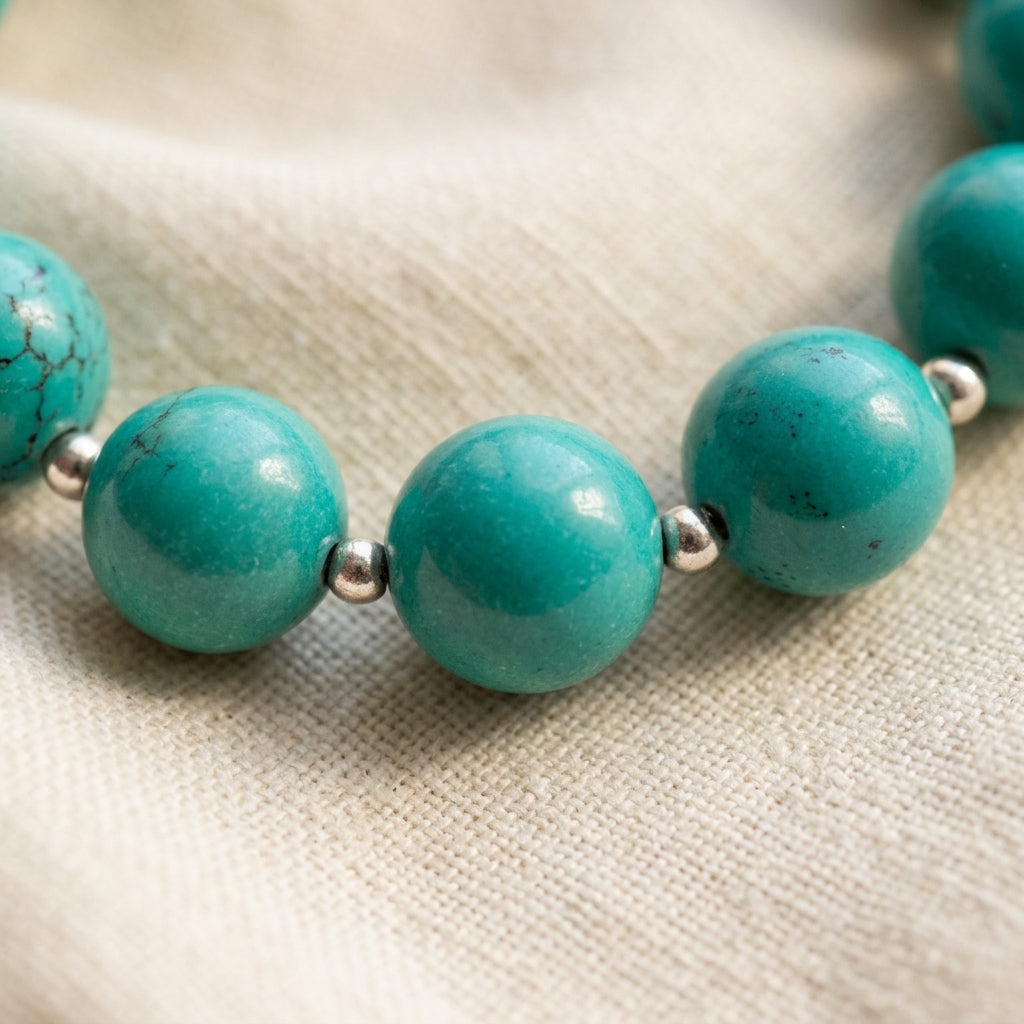 Hubei turquoise beads with individual colour variations and dark markings, separated by sterling silver beads on cream linen.
