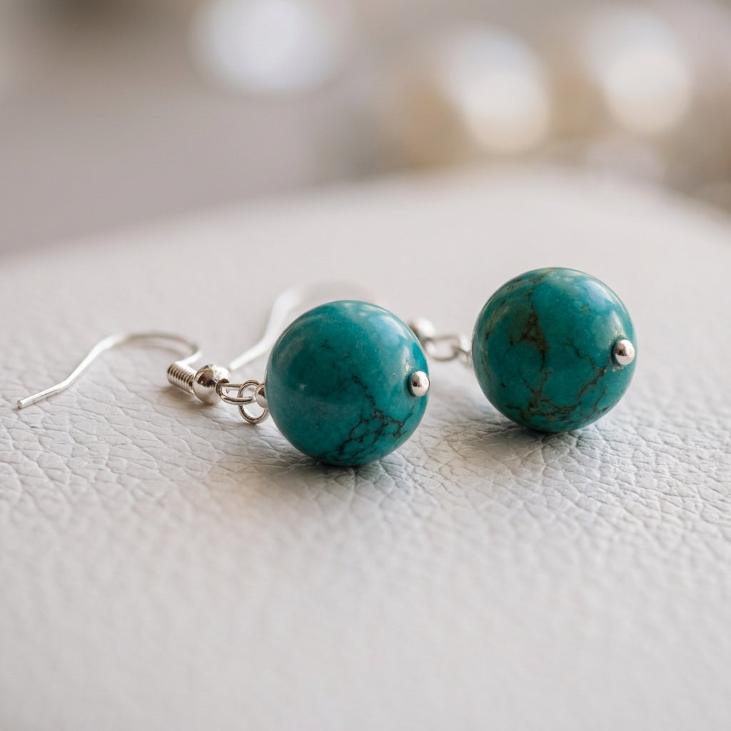 Close-up of round stabilised Hubei turquoise beads with dark markings and sterling silver fittings on a white textured surface.