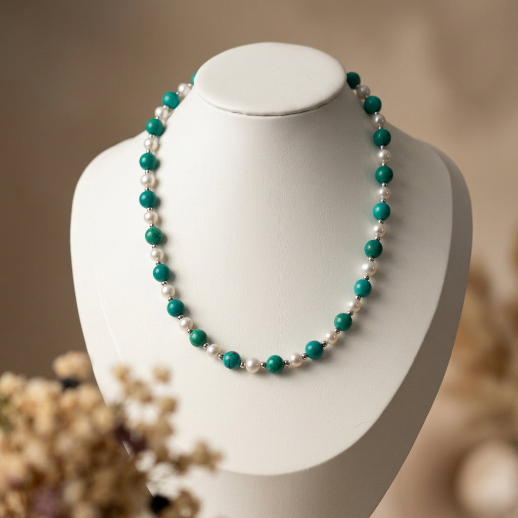 Full Hubei turquoise and white baroque pearl necklace on a white display bust beside dried flowers.