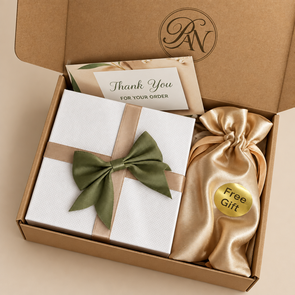White jewellery gift box with a green bow and beige ribbon, thank-you card and gold satin free-gift pouch inside a kraft box.