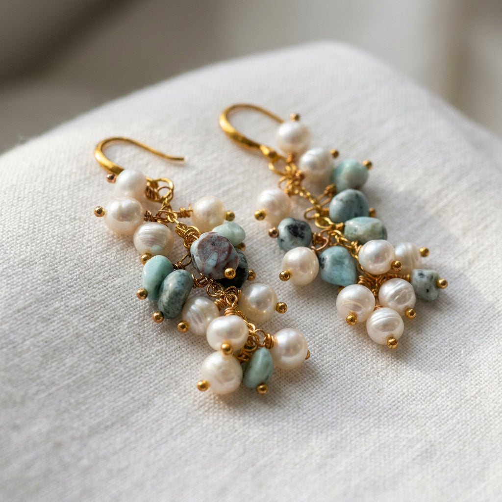 Long cluster drop earrings on white linen, featuring white baroque pearls and pale blue-green stones with dark markings, joined by gold-filled wire-wrapped links and hooks.