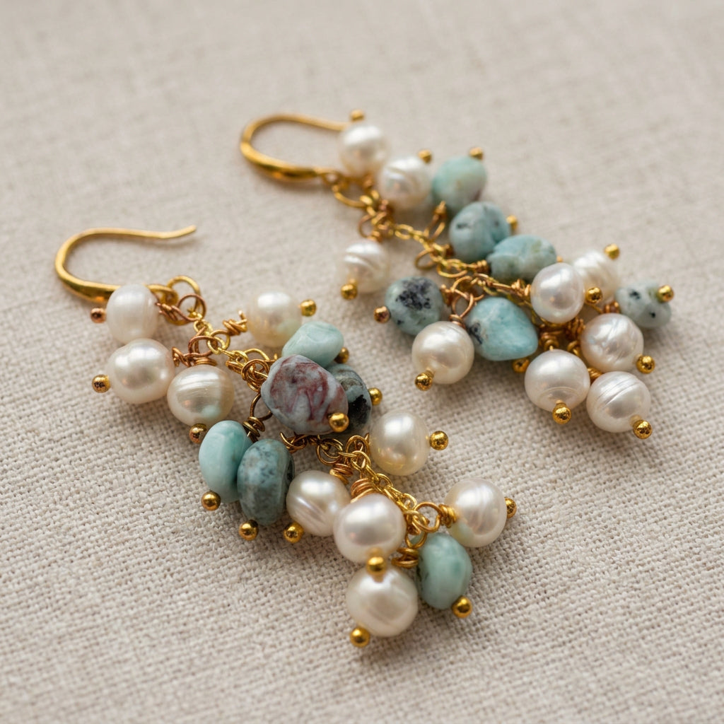 Close-up of long cluster drop earrings on cream linen, with white baroque pearls, pale blue-green stones with dark markings and gold-filled wire-wrapped links and hooks.