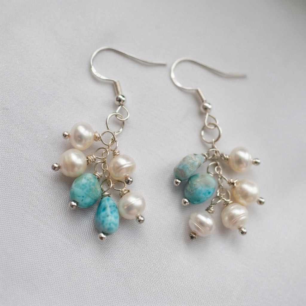 White Baroque Pearl & Larimar Drop Earrings in Sterling Silver