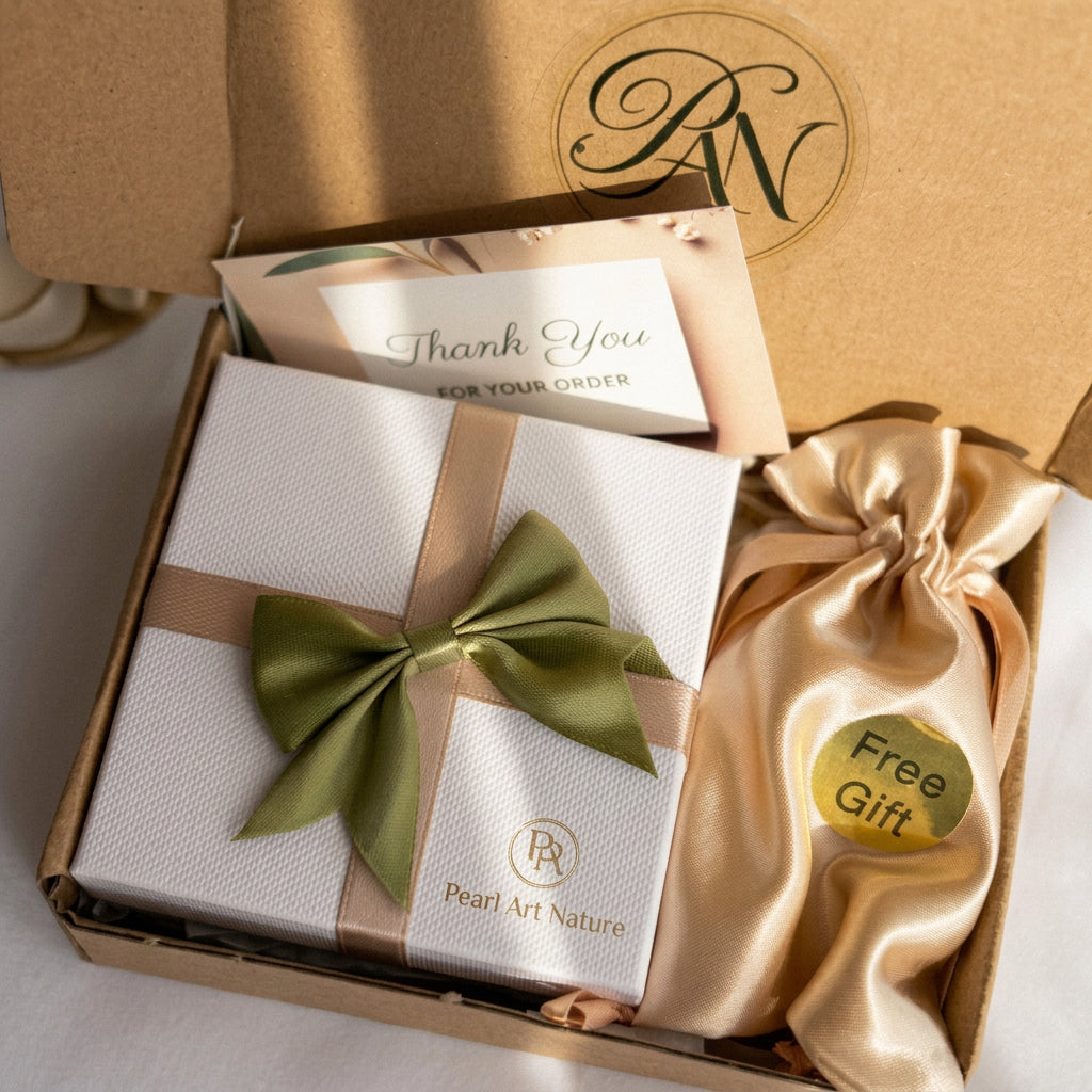 Pearl Art Nature jewellery gift box with green satin bow, thank-you card and gold satin pouch labelled “Free Gift”.