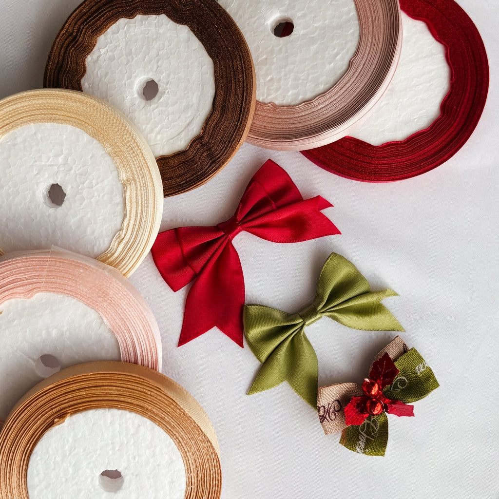 Satin ribbon rolls in cream, pink, brown, gold and red, alongside red, green and festive decorative bows for jewellery gift packaging.