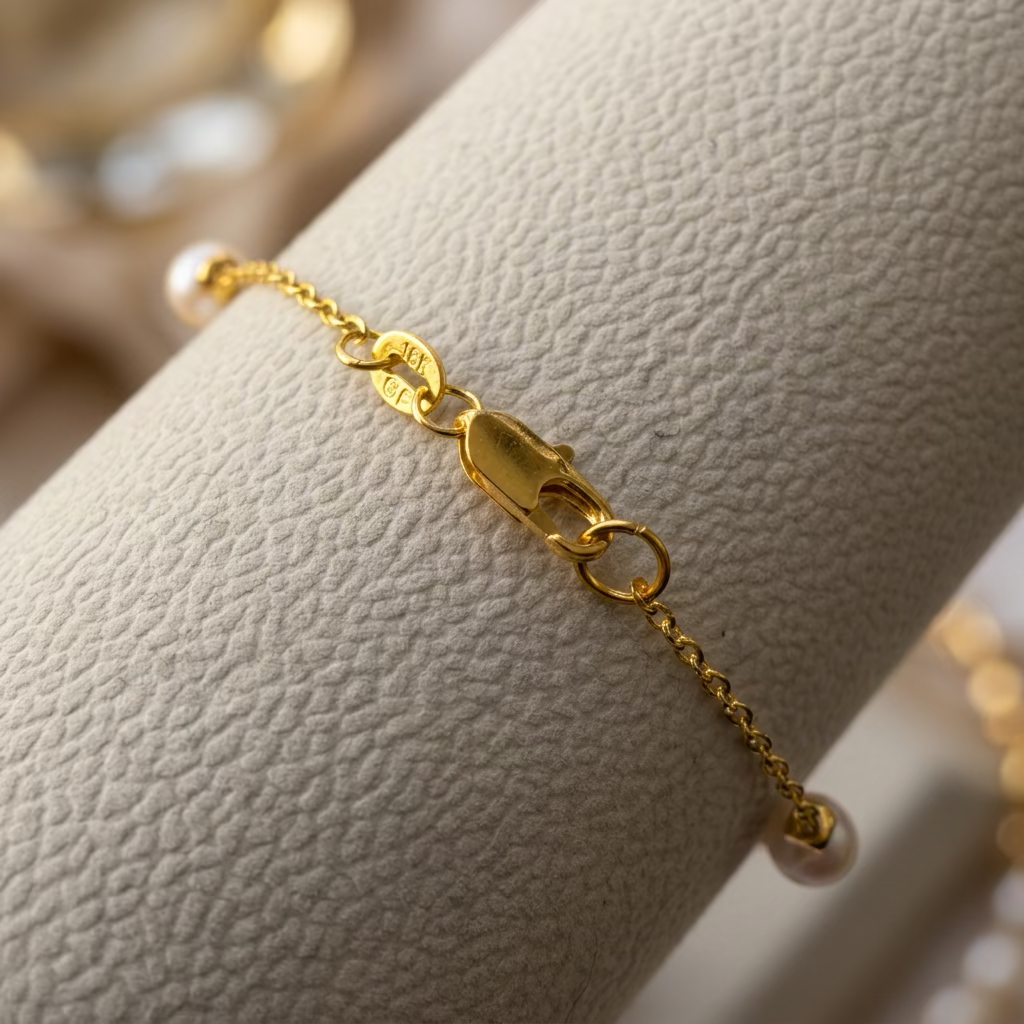 Close-up of the gold-filled lobster clasp and connecting rings on a delicate chain bracelet, resting on a cream display.