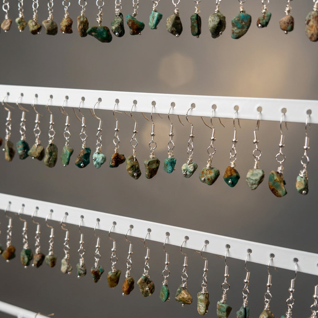 Close-up of raw Hubei turquoise drop earrings hanging on a white rack, showing varied blue-green stones with natural brown markings and sterling silver hooks.