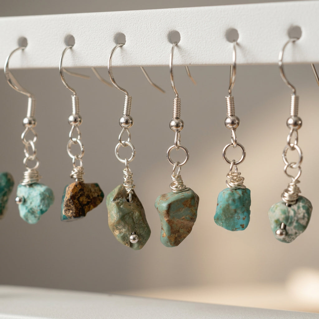 Row of raw Hubei turquoise drop earrings on a white rack, showing irregular green-blue stones with ochre-brown matrix and sterling silver hooks.